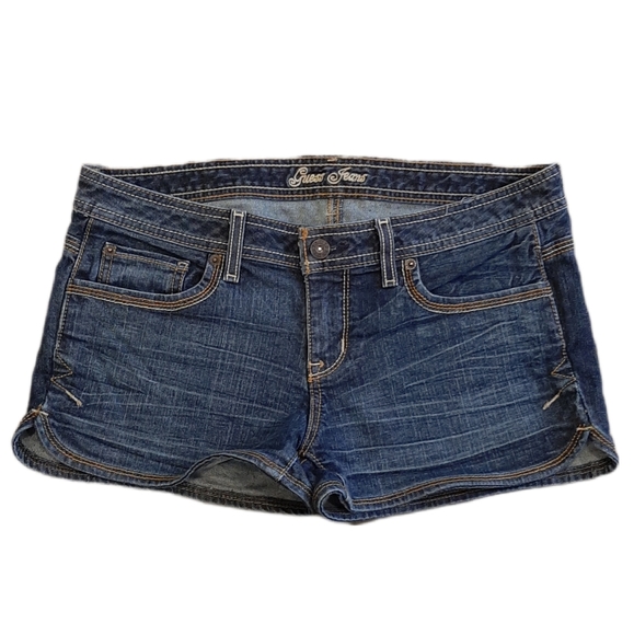 GUESS Y2k Denim Mini Shorts Dolphin Hem Embroidered Logo - Picture 1 of 10